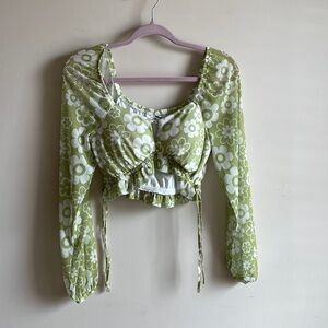 Floral Cropped Mesh Long Sleeve Top